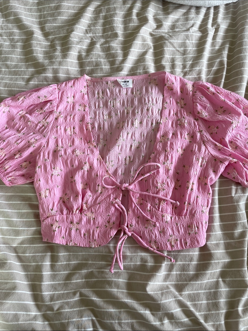 Cotton On Pink Puff-Sleeve Tie-Front Cropped Blouse